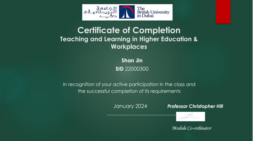 Certificate in Teaching and Learning in Higher Education and Workplaces original certificate