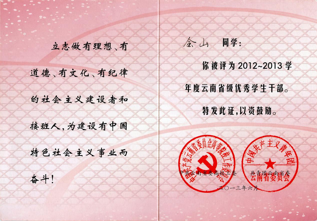 Outstanding Student Cadre of Yunnan Province