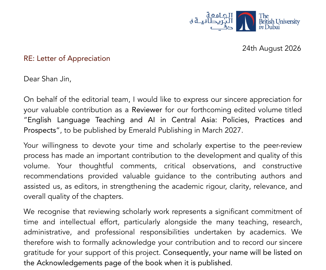 Complete BUiD letter of appreciation recognising Dr. Shan Jin’s peer-review contribution