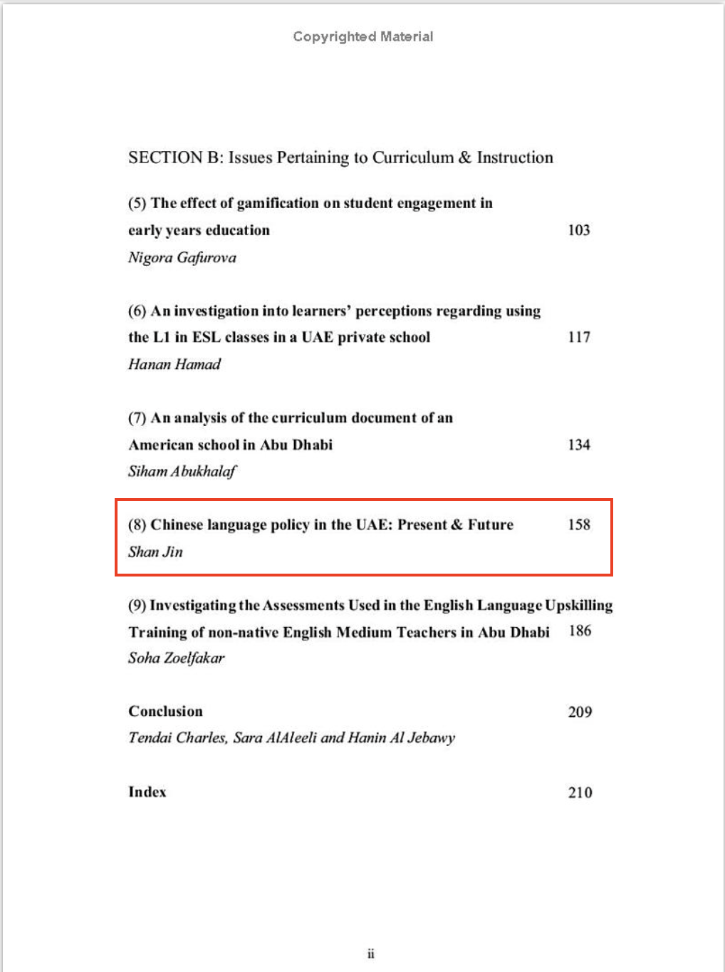 Contents page listing Dr. Shan Jin’s chapter Chinese language policy in the UAE: Present & Future