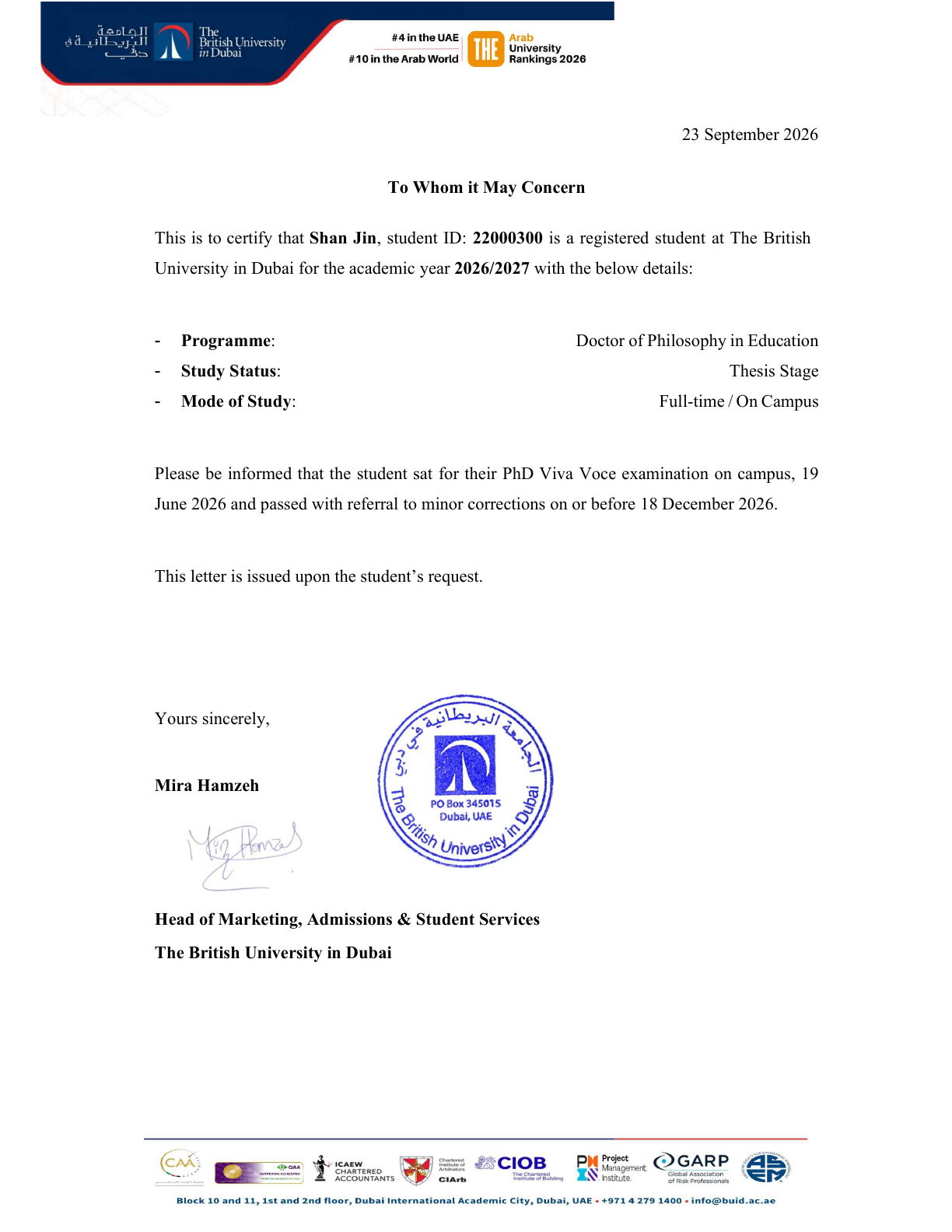 Complete official BUiD letter confirming Dr. Shan Jin’s doctoral viva outcome